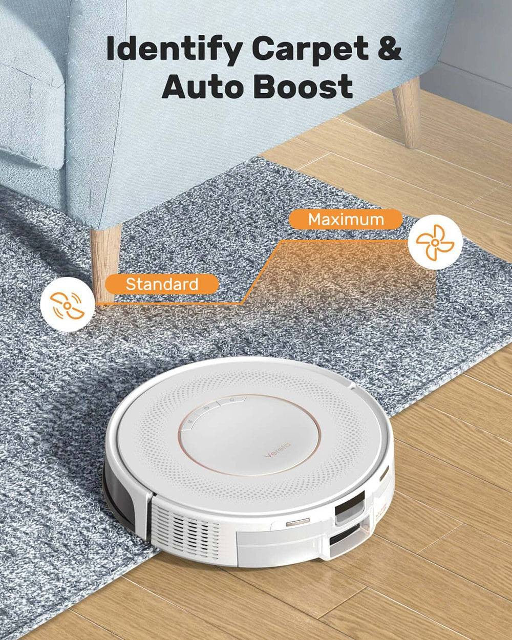 Robotický vysávač Verefa V60 Pro, samovyprazdňovací, s 3200 Pa sacím tlakom, 2L nádobou na prach, tichým čistením, inteligentnou navigáciou 2.0, maximálnou dobou prevádzky 150 minút, ovládanie cez aplikáciu/diaľkový ovládač – biela