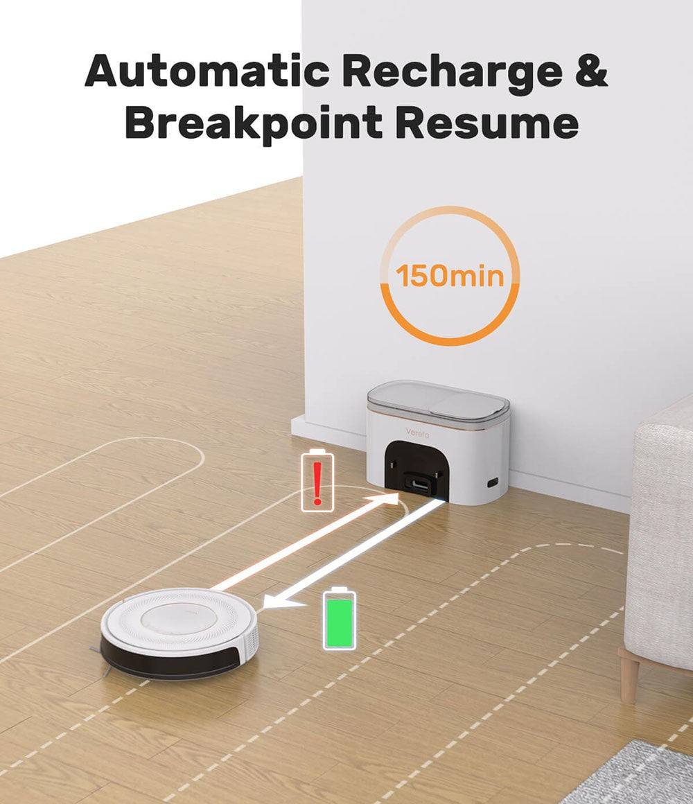 Robotický vysávač Verefa V60 Pro, samovyprazdňovací, s 3200 Pa sacím tlakom, 2L nádobou na prach, tichým čistením, inteligentnou navigáciou 2.0, maximálnou dobou prevádzky 150 minút, ovládanie cez aplikáciu/diaľkový ovládač – biela