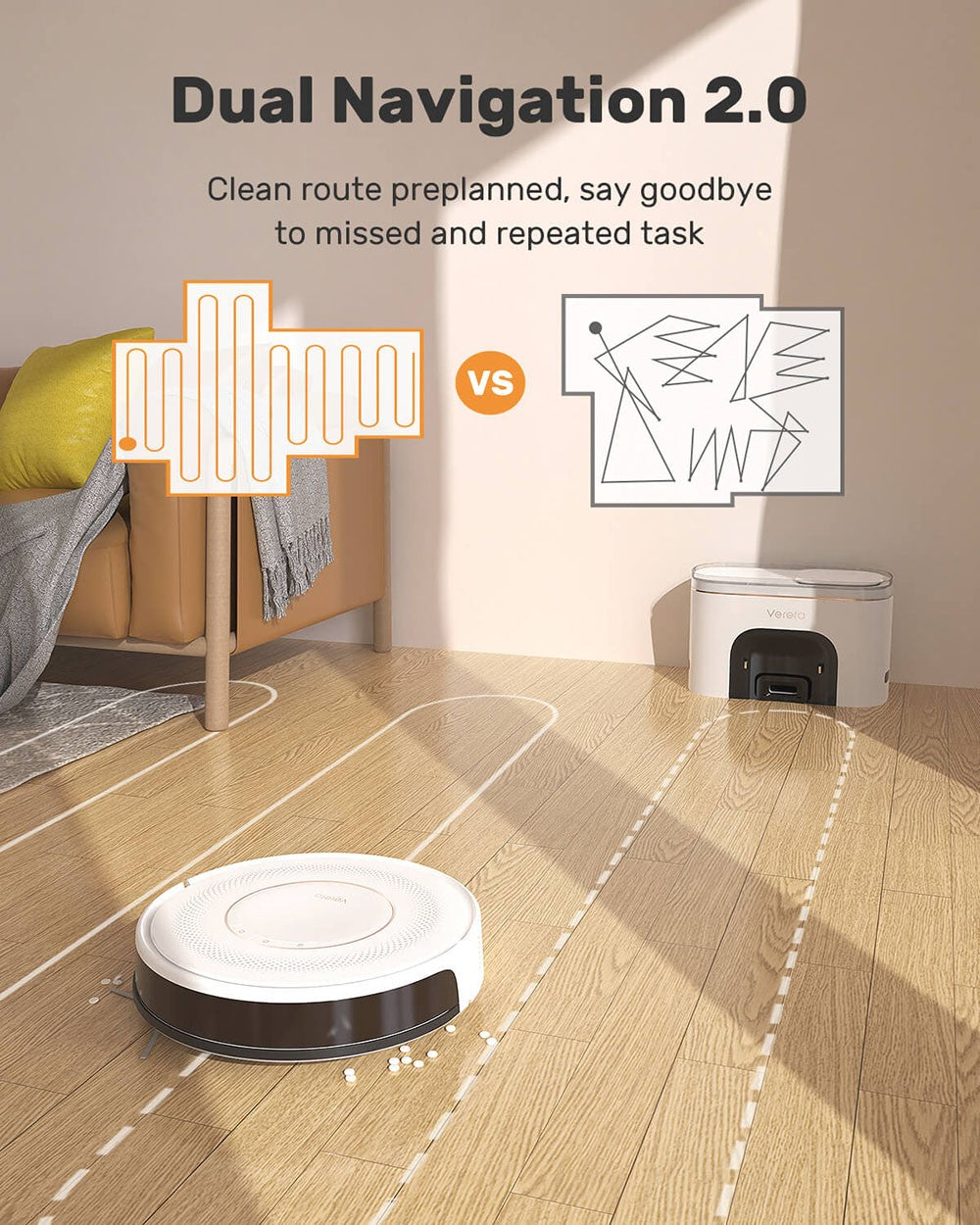 Robotický vysávač Verefa V60 Pro, samovyprazdňovací, s 3200 Pa sacím tlakom, 2L nádobou na prach, tichým čistením, inteligentnou navigáciou 2.0, maximálnou dobou prevádzky 150 minút, ovládanie cez aplikáciu/diaľkový ovládač – biela