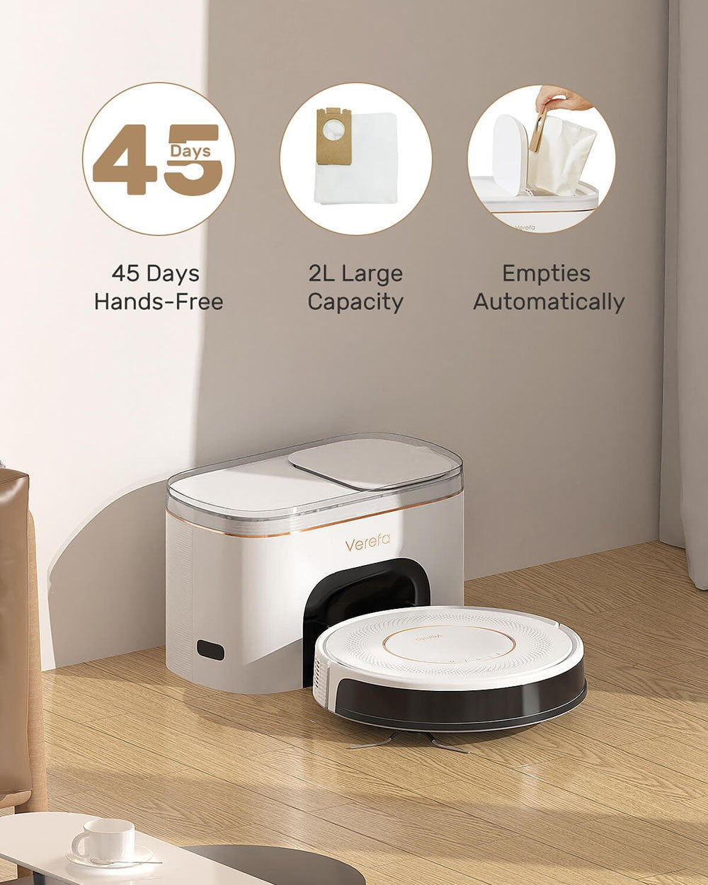 Robotický vysávač Verefa V60 Pro, samovyprazdňovací, sací výkon 3200 Pa, 2L nádoba na prach, tiché čistenie, inteligentná navigácia 2.0, maximálna doba prevádzky 150 minút, ovládanie cez aplikáciu/diaľkový ovládač - biela