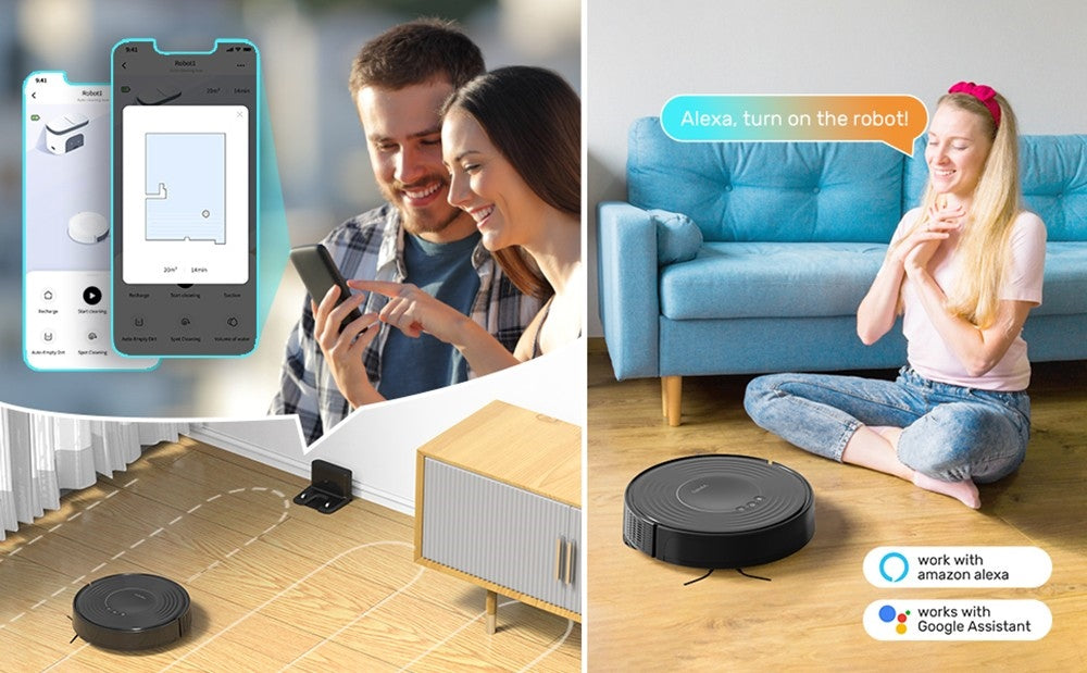 Robotický vysávač Verefa V60m Lite, max. sací výkon 2700 Pa, 2 v 1 vysávanie a vytieranie, 250 ml nádoba na prach, max. 150 minút prevádzky, ovládanie cez aplikáciu/hlasové ovládanie – čierna