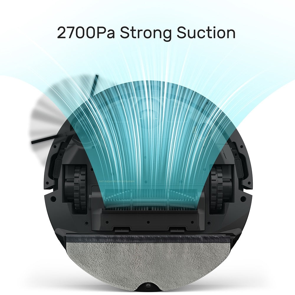 Robotický vysávač Verefa V60m Lite, max. sací výkon 2700 Pa, 2 v 1 vysávanie a vytieranie, 250 ml nádoba na prach, max. 150 minút prevádzky, ovládanie cez aplikáciu/hlasové ovládanie – čierna