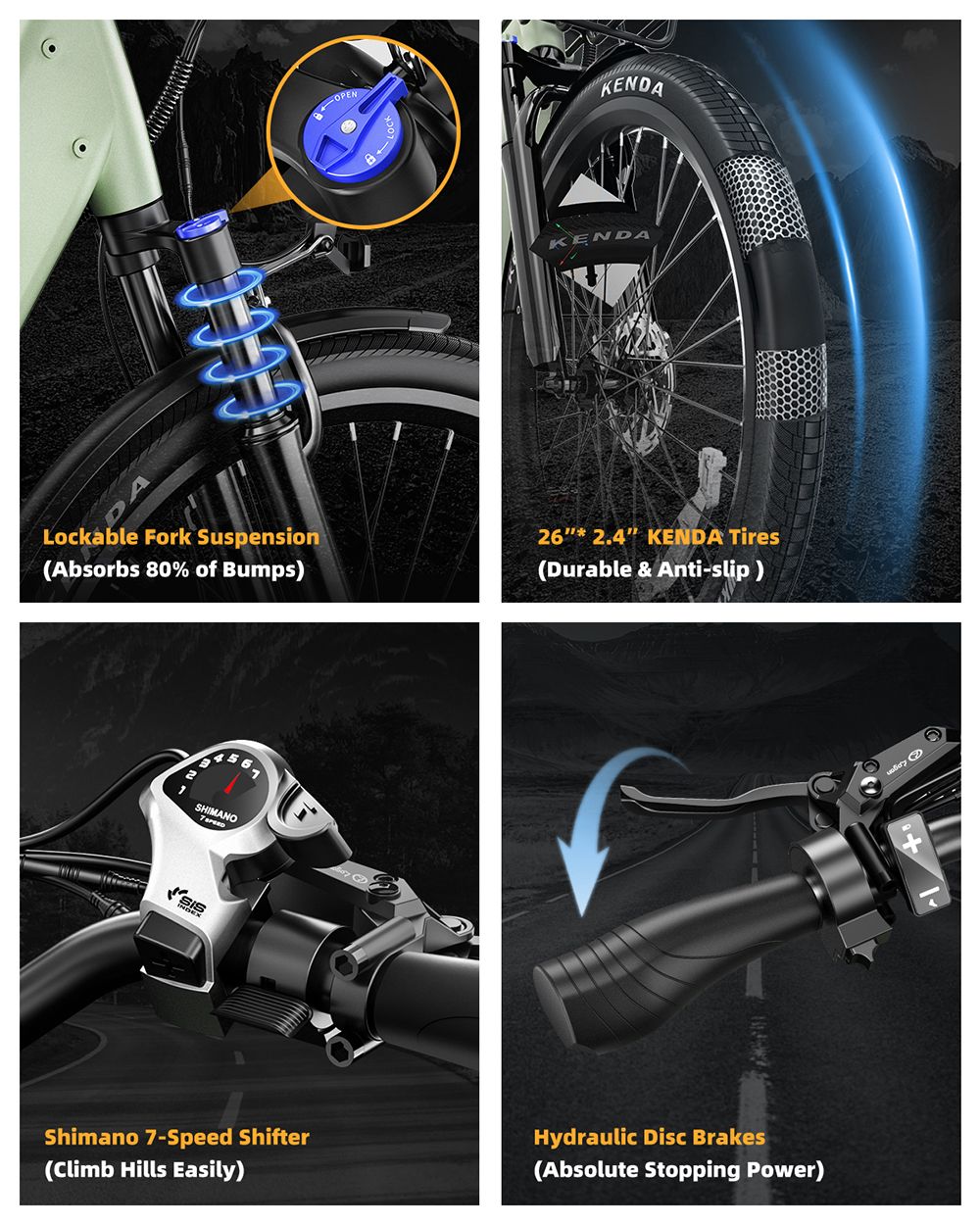 Elektrokoloběžka Vitilan L5, 500W motor, 48V 15Ah batéria, 26*2,4 palcové pneumatiky, max. rýchlosť 40 km/h, dojazd 105 km, hydraulické kotúčové brzdy, nastaviteľná pružinová vidlica, Shimano 7-stupňové prevody, inteligentný farebný displej - zelená