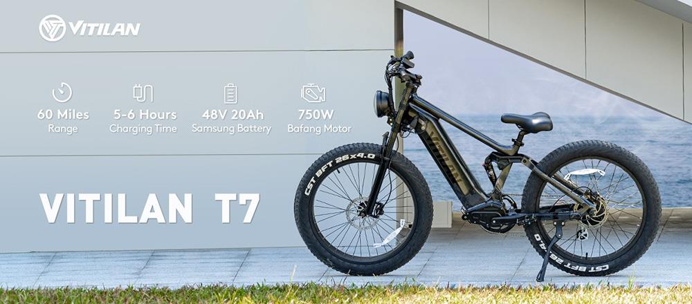 Elektrokol Vitilan T7, horské kolo, 26*4.0 palcové CST široké pneumatiky, 750W motor Bafang, 48V 20Ah batéria, maximálna rýchlosť 28 mph, maximálny dojazd 80 míľ, podsvietený LCD displej, hydraulické kotúčové brzdy vpredu a vzadu, 8-stupňová prevodovka SHIMANO - čierna