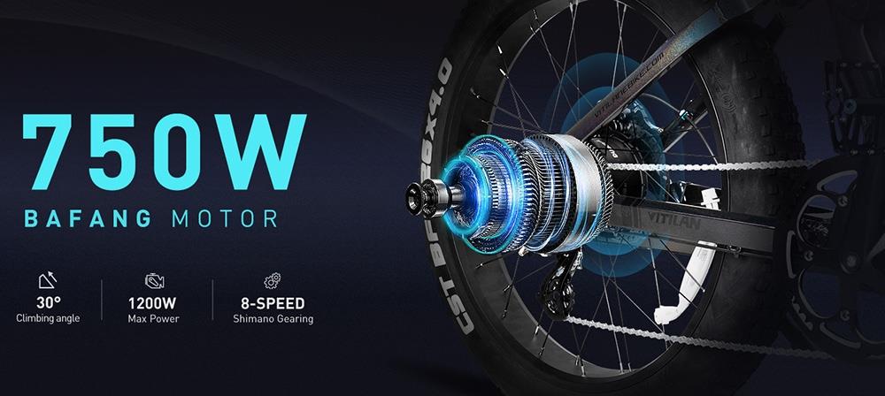 Elektrokol Vitilan T7, horské kolo, 26*4.0 palcové CST široké pneumatiky, 750W motor Bafang, 48V 20Ah batéria, maximálna rýchlosť 28 mph, maximálny dojazd 80 míľ, podsvietený LCD displej, hydraulické kotúčové brzdy vpredu a vzadu, 8-stupňová prevodovka SHIMANO - čierna