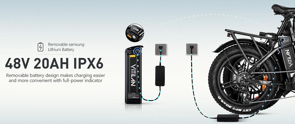 Elektrokoloběžka Vitilan U7 2.0, skladacia, 20*4.0 palcové široké pneumatiky, 750W motor, 48V 20Ah odnímateľná lítiová batéria LG, max. rýchlosť 28 mph, dojazd 50-65 míľ, dvojité odpruženie, hydraulické kotúčové brzdy - čierna