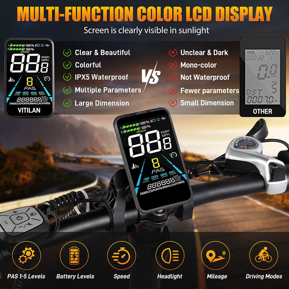 Elektrokoloběžka Vitilan V3 2.0, 750W motor, 48V 13Ah batéria, 26*4.0 palcové CST široké pneumatiky, max. rýchlosť 45 km/h, dojazd 73 km, hydraulické kotúčové brzdy, odpružená predná vidlica, 7-stupňová prevodovka Shimano, farebný displej - čierna