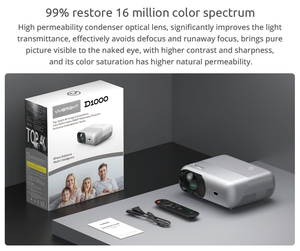 LCD projektor VIVIBRIGHT D1000, 70W LED, 450 ANSI lumenov, 4K HD, 1080P, 2,4G/5G WiFi, Bluetooth 4.0