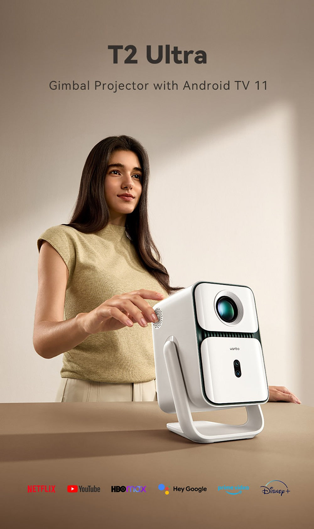 Projektor Wanbo T2 Ultra, Android TV 11, 500 ANSI lumenov, natívne rozlíšenie 1080P, otočný stojan s uhlom 120°, automatické zaostrenie a korekcia lichobežníkového zkreslenia, dvojpásmové Wi-Fi, 2×5W reproduktor