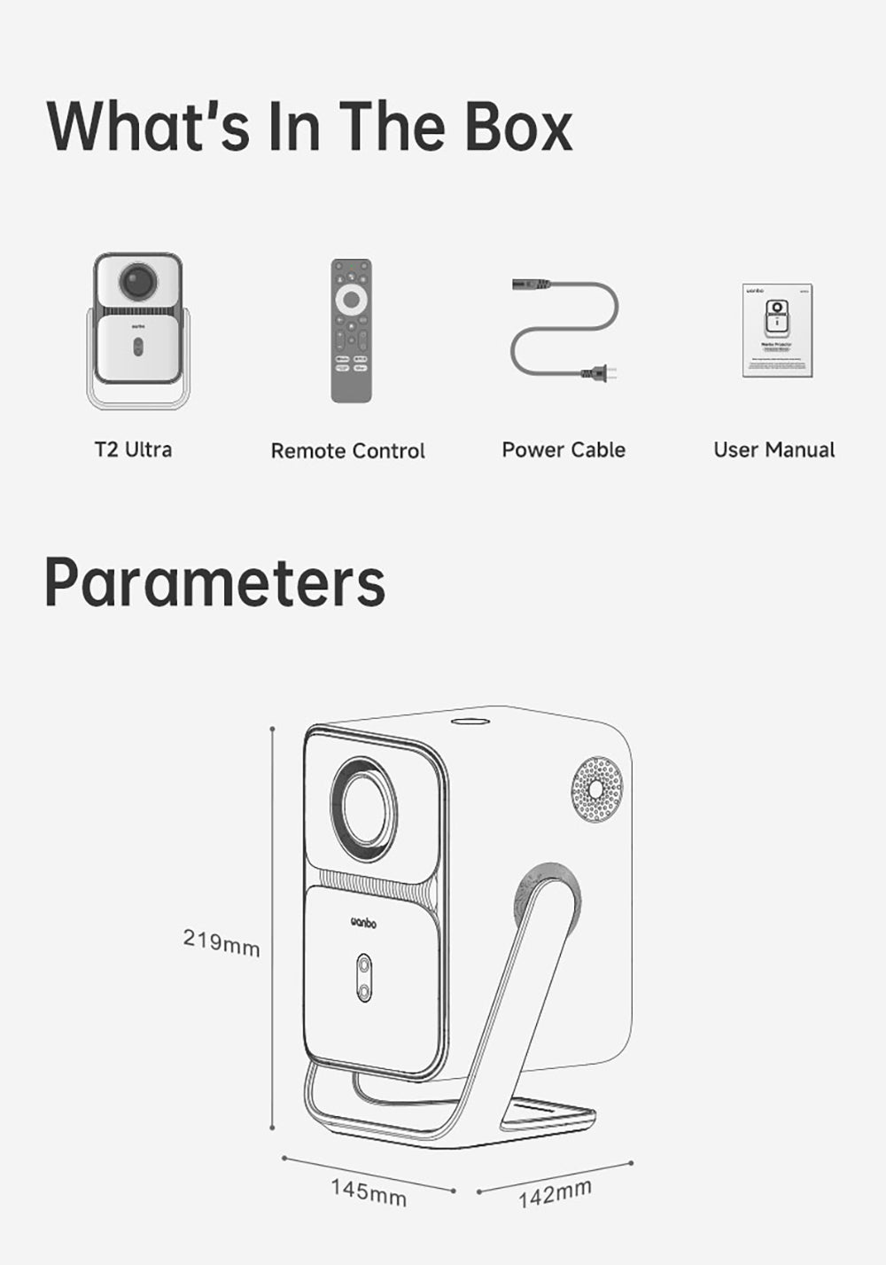 Projektor Wanbo T2 Ultra, Android TV 11, 500 ANSI lumenov, natívne rozlíšenie 1080P, otočný stojan s uhlom 120°, automatické zaostrenie a korekcia lichobežníkového zkreslenia, dvojpásmové Wi-Fi, 2×5W reproduktor