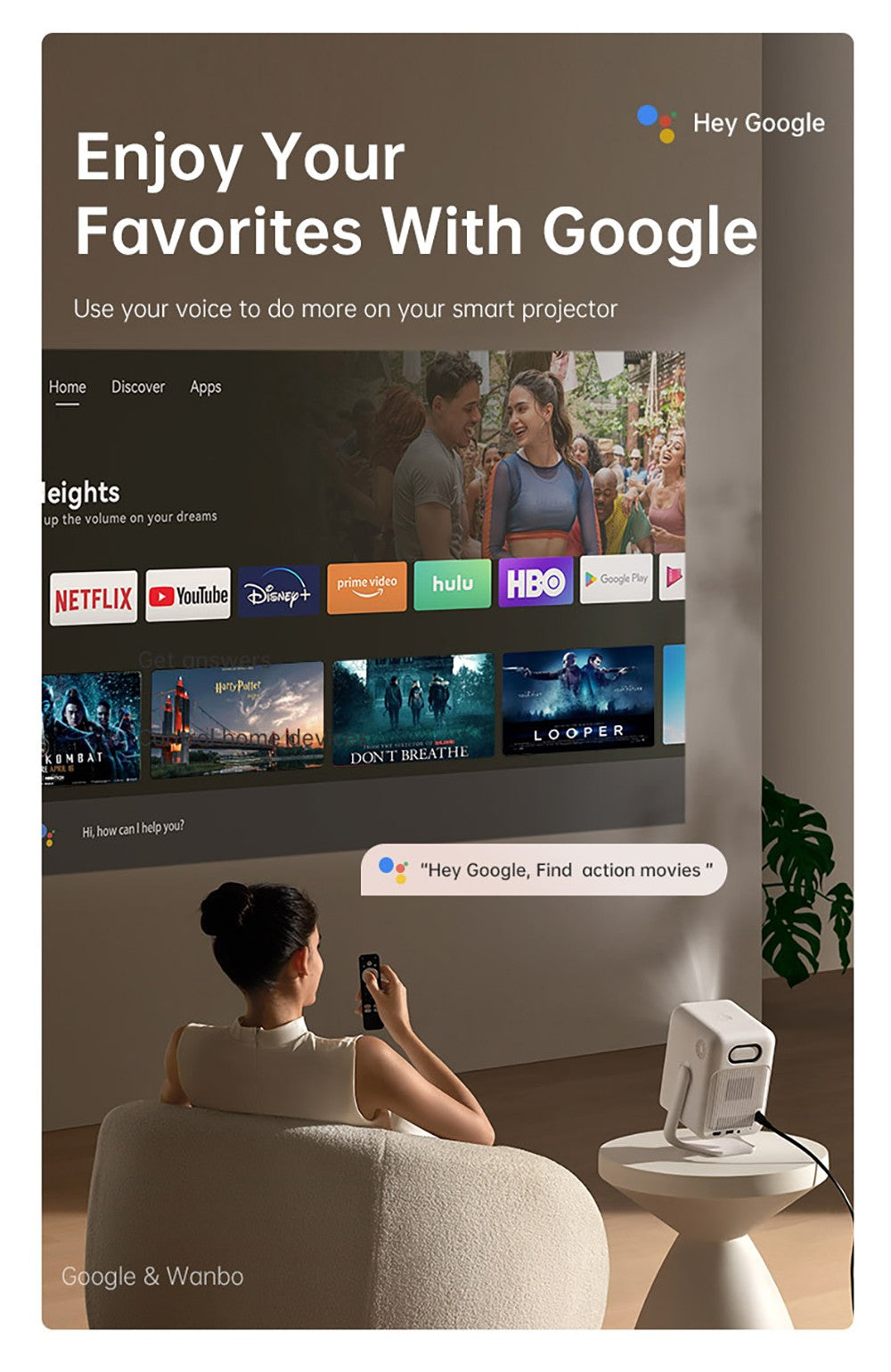 Projektor Wanbo T2 Ultra, Android TV 11, 500 ANSI lumenov, natívne rozlíšenie 1080P, otočný stojan s uhlom 120°, automatické zaostrenie a korekcia lichobežníkového zkreslenia, dvojpásmové Wi-Fi, 2×5W reproduktor