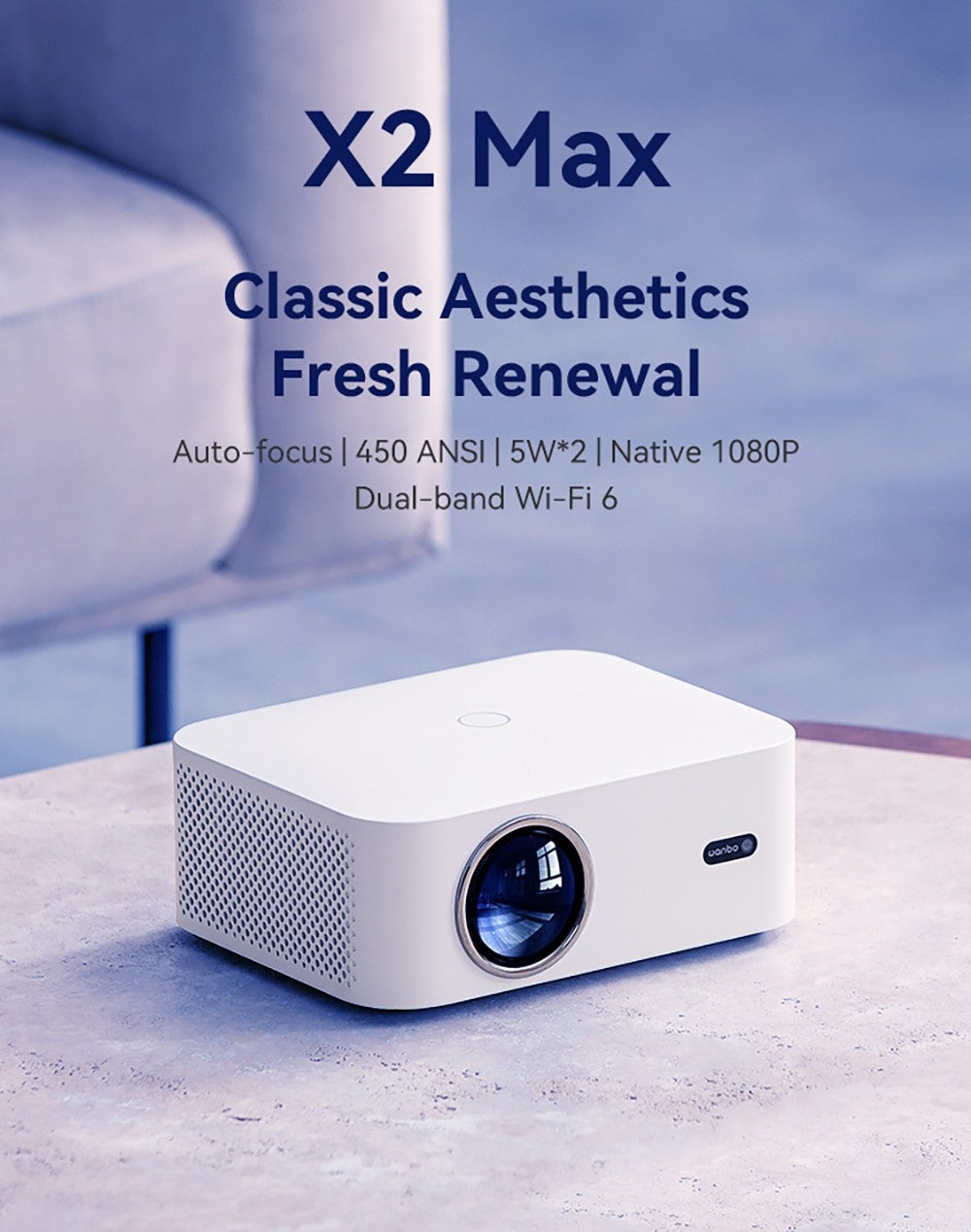 Projektor WANBO X2 Max, 1080P, Android 9.0, dvojpásmové Wi-Fi 6, Bluetooth 5.0, automatické zaostrenie, korekcia šikmého obrazu zo štyroch smerov