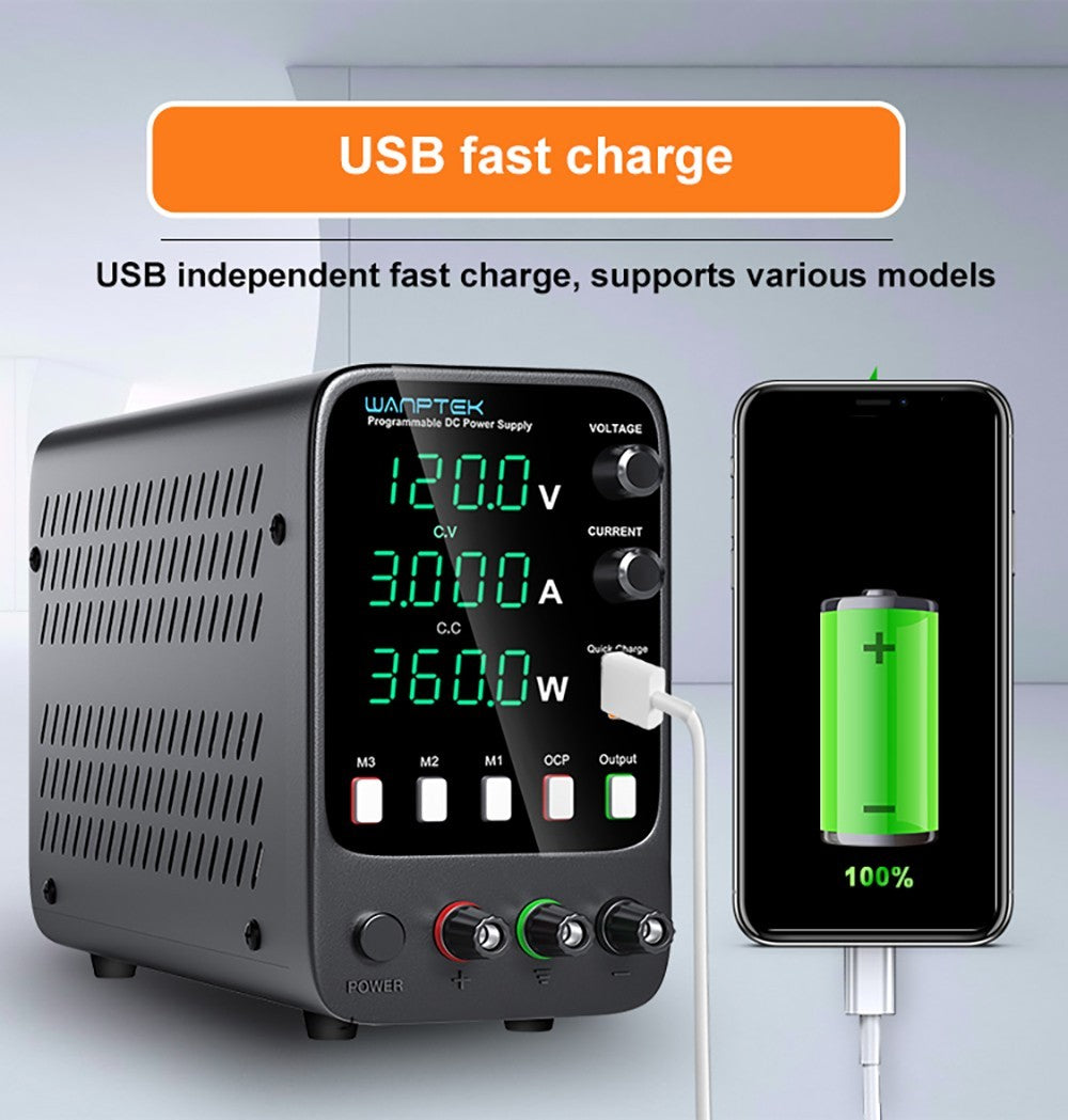 Programovateľný regulovaný zdroj DC WANPTEK APS1203H, 120 V 3 A, funkcia pamäte, nastavenie pomocou kódovača, USB rýchlonabíjanie, 4-miestný displej, nízke zvlnenie, chladiaci ventilátor - britská zástrčka
