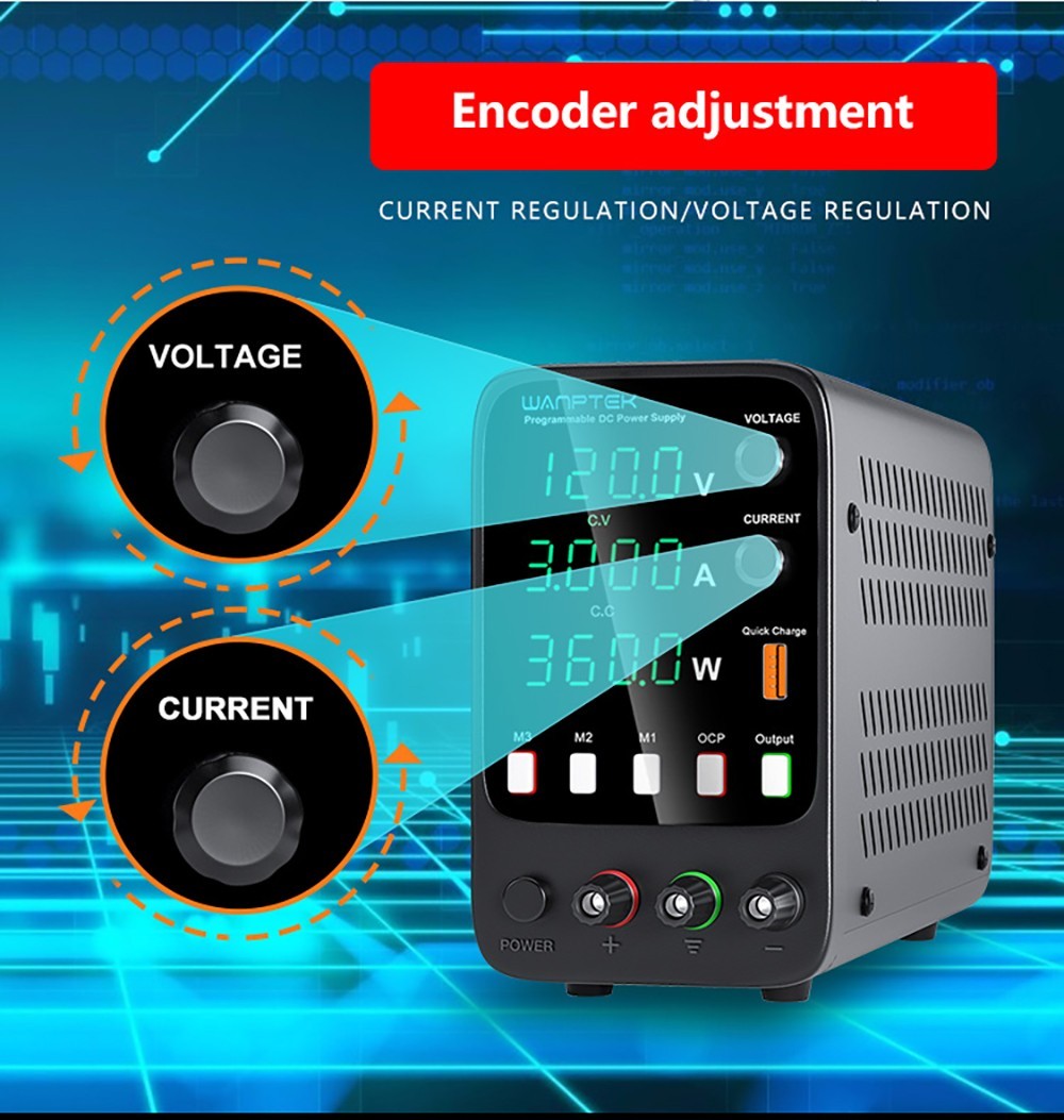 Programovateľný regulovaný zdroj DC WANPTEK APS1203H, 120 V 3 A, funkcia pamäte, nastavenie pomocou kódovača, USB rýchlonabíjanie, 4-miestný displej, nízke šumy, chladiaci ventilátor - britská zástrčka