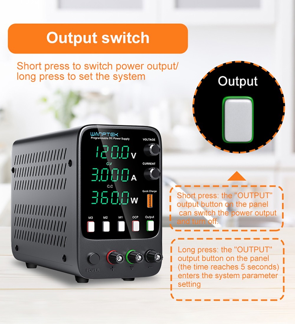 Programovateľný regulovaný zdroj DC WANPTEK APS1203H, 120 V 3 A, funkcia pamäte, nastavenie pomocou kódovača, USB rýchlonabíjanie, 4-miestný displej, nízke šumy, chladiaci ventilátor - britská zástrčka