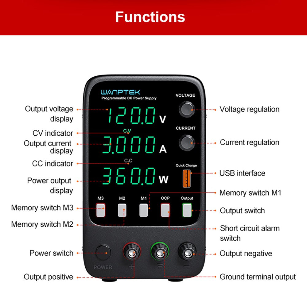 Programovateľný regulovaný zdroj DC WANPTEK APS1203H, 120 V 3 A, funkcia pamäte, nastavenie pomocou kódovača, USB rýchlonabíjanie, 4-miestný displej, nízke zvlnenie, chladiaci ventilátor - britská zástrčka