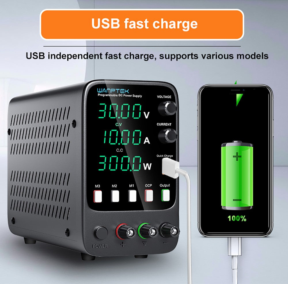 Programovateľný regulovaný zdroj jednosmerného napätia WANPTEK APS3010H, 30V 10A, funkcia pamäte, nastavenie pomocou enkodéra, USB rýchlonabíjanie, 4-miestný displej, nízke zvlnenie, chladiaci ventilátor - americká zástrčka