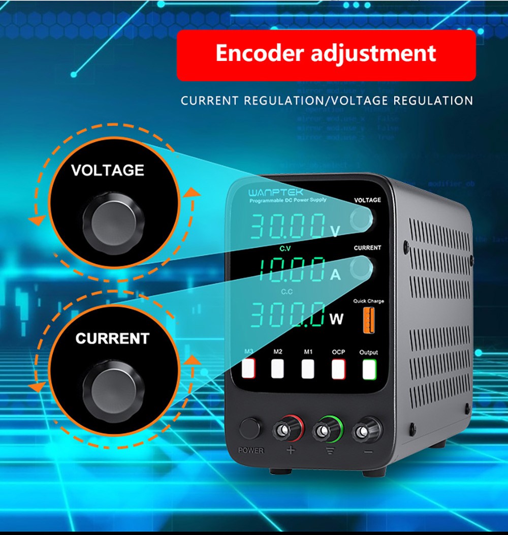 Programovateľný regulovaný zdroj jednosmerného napätia WANPTEK APS3010H, 30V 10A, funkcia pamäte, nastavenie pomocou kódovača, USB rýchlonabíjanie, 4-miestný displej, nízke zvlnenie, chladiaci ventilátor - americká zástrčka