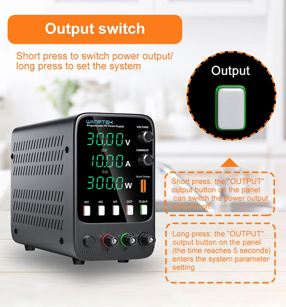 Programovateľný regulovaný zdroj jednosmerného napätia WANPTEK APS3010H, 30V 10A, funkcia pamäte, nastavenie pomocou kódovača, USB rýchlonabíjanie, 4-miestný displej, nízke zvlnenie, chladiaci ventilátor - americká zástrčka