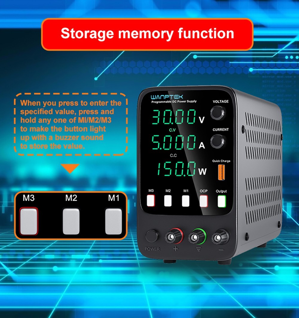 Programovateľný regulovaný zdroj DC Wanptek APS305H, 30V 5A, funkcia pamäte, nastavenie pomocou enkodéra, USB rýchlonabíjanie, 4-miestný displej, nízke šumy, chladiaci ventilátor, čierna farba - EU zástrčka