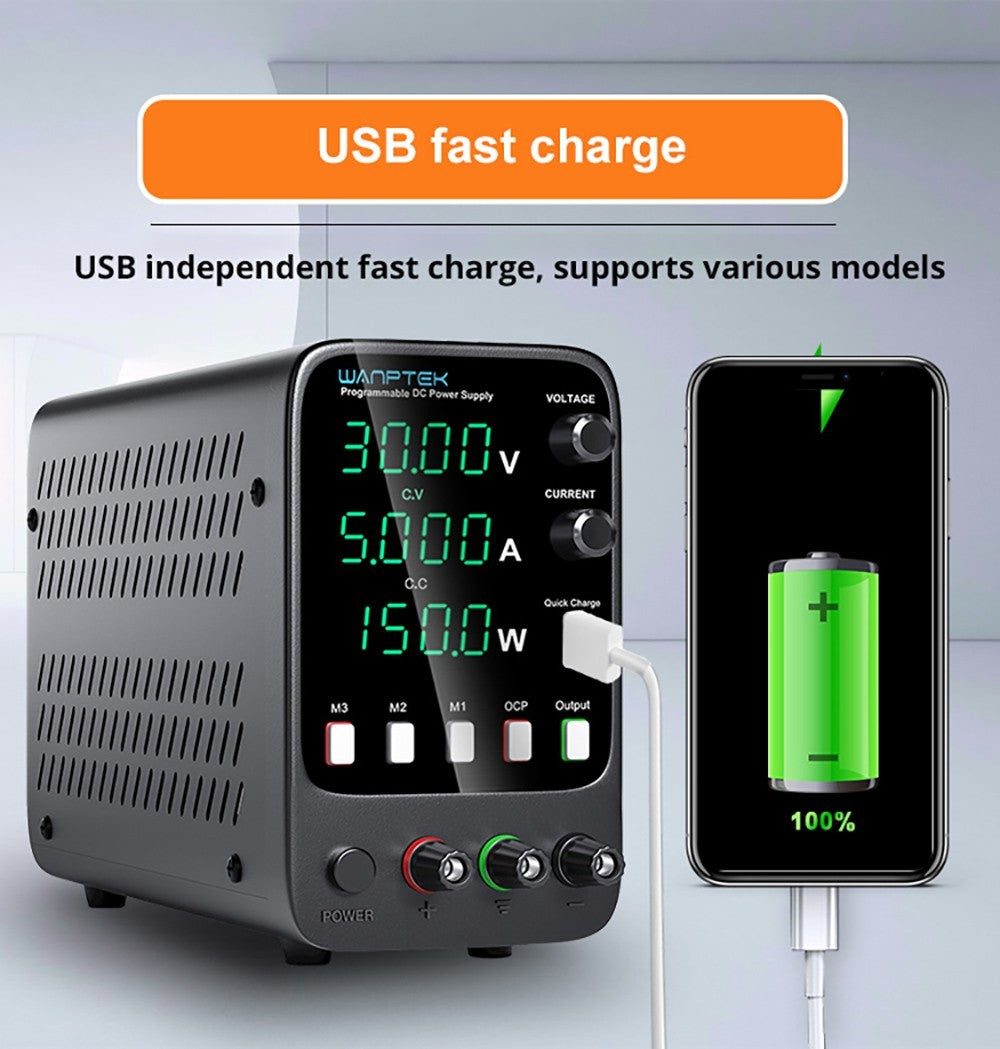 Programovateľný regulovaný zdroj DC Wanptek APS305H, 30V 5A, funkcia pamäte, nastavenie pomocou enkodéra, USB rýchlonabíjanie, 4-miestný displej, nízke šumy, chladiaci ventilátor, čierna farba - EU zástrčka