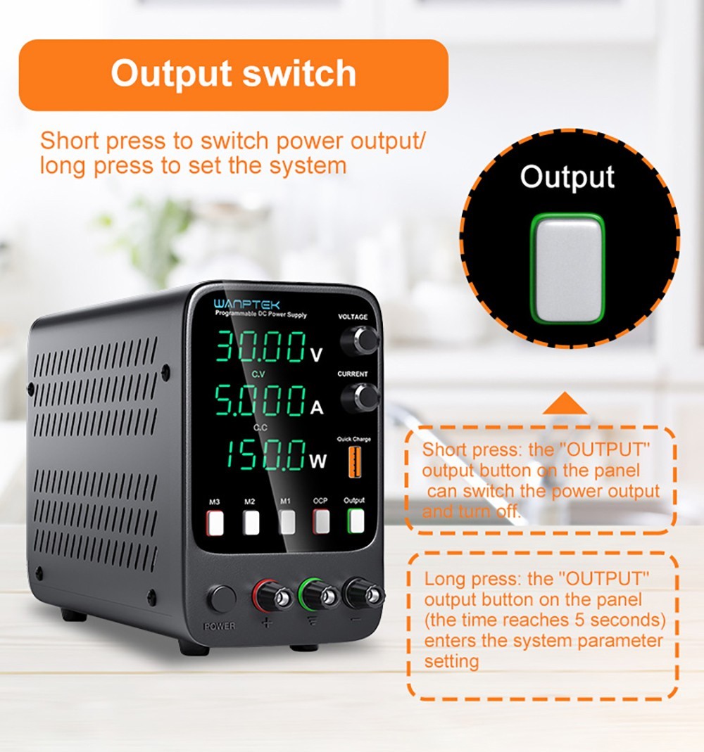Programovateľný regulovaný zdroj DC Wanptek APS305H, 30V 5A, funkcia pamäte, nastavenie pomocou enkodéra, USB rýchlonabíjanie, 4-miestný displej, nízke šumy, chladiaci ventilátor, čierna farba - EU zástrčka