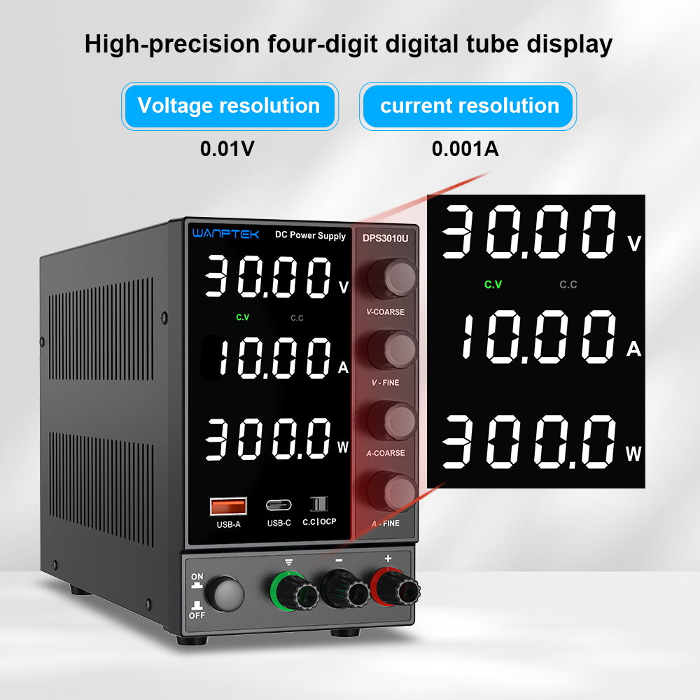 WANPTEK DPS3010U Pevný, nastaviteľný, regulovaný zdroj jednosmerného napätia, 30V 10A, encoderové nastavenie, USB Type-C rýchlonabíjanie, 4-miestný displej, nízke šumy, nízka hlučnosť, chladiaci ventilátor, čierna farba - britská zástrčka