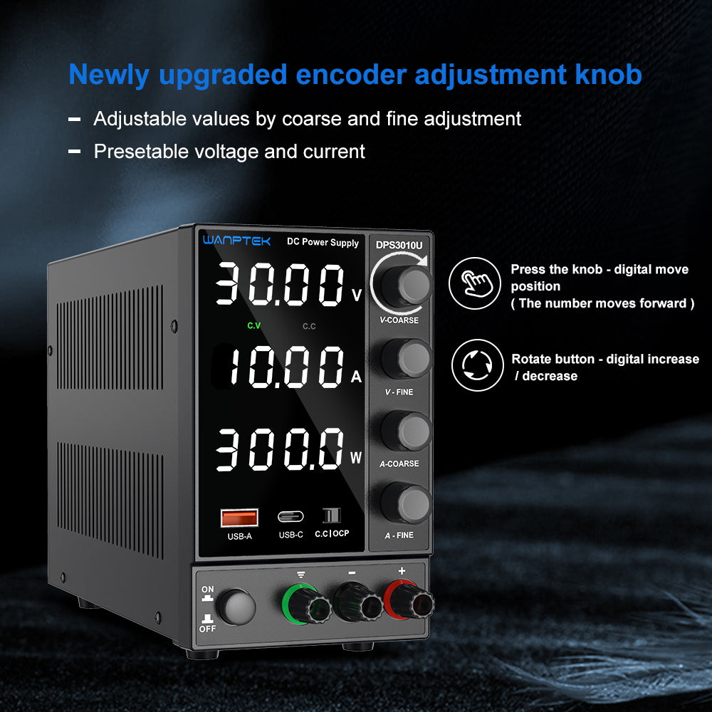 WANPTEK DPS3010U Pevný, nastaviteľný, regulovaný zdroj jednosmerného napätia, 30V 10A, encoderové nastavenie, USB Type-C rýchlonabíjanie, 4-miestný displej, nízke šumy, nízka hlučnosť, chladiaci ventilátor, čierna farba - britská zástrčka
