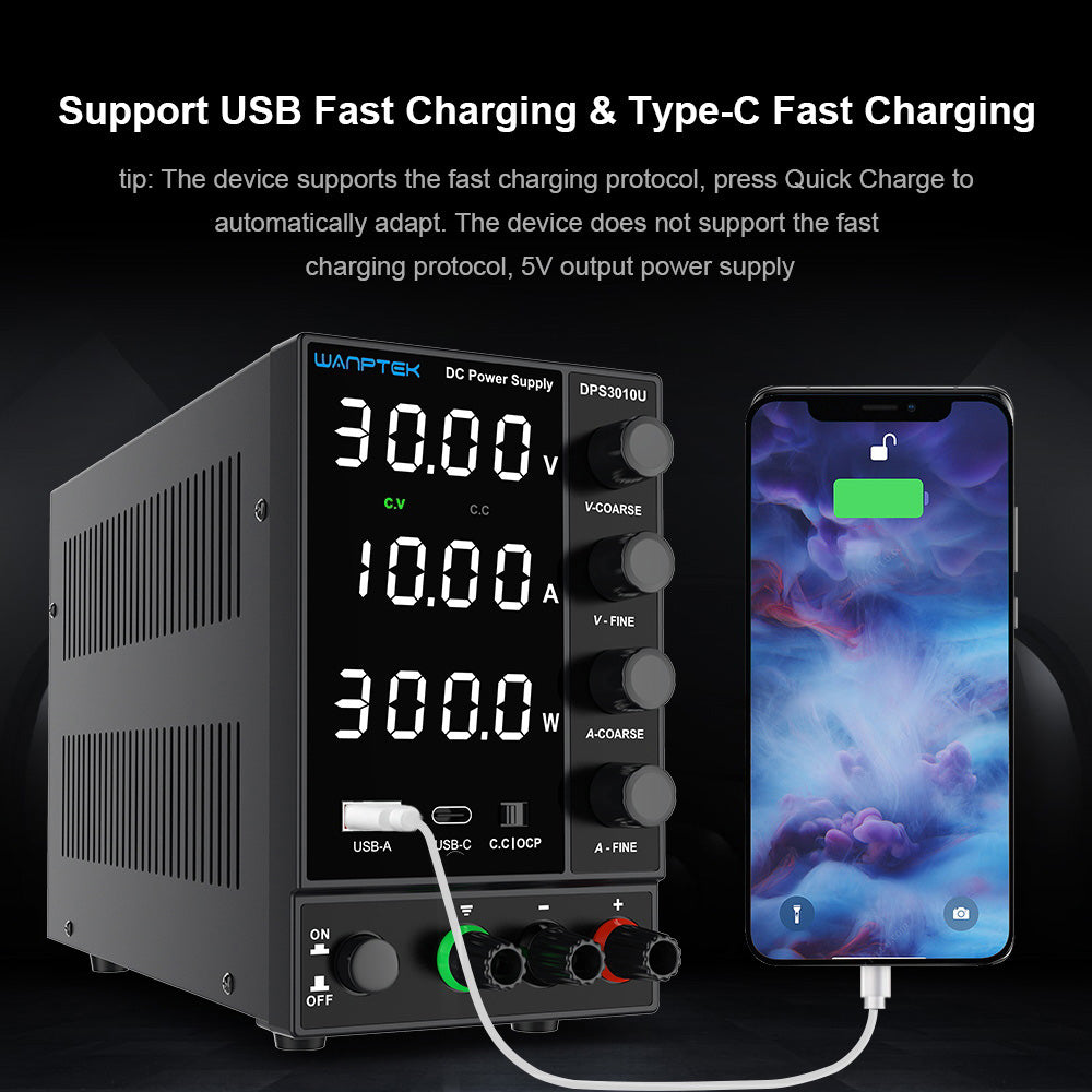 WANPTEK DPS3010U Pevný, nastaviteľný, regulovaný zdroj jednosmerného napätia, 30V 10A, encoderové nastavenie, USB Type-C rýchlonabíjanie, 4-miestný displej, nízke zvlnenie, nízky šum, chladiaci ventilátor, čierna farba - britská zástrčka