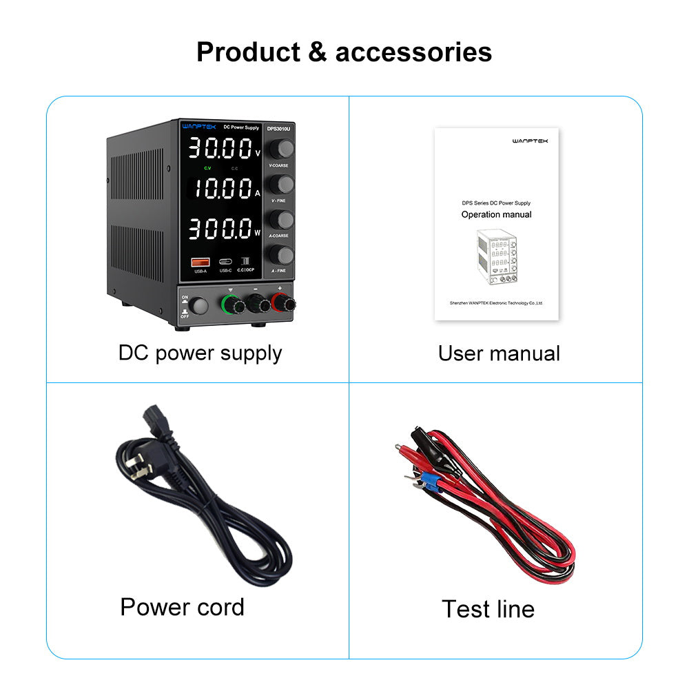 WANPTEK DPS3010U Pevný, nastaviteľný, regulovaný zdroj jednosmerného napätia, 30V 10A, encoderové nastavenie, USB Type-C rýchlonabíjanie, 4-miestný displej, nízke zvlnenie, nízky šum, chladiaci ventilátor, čierna farba - britská zástrčka