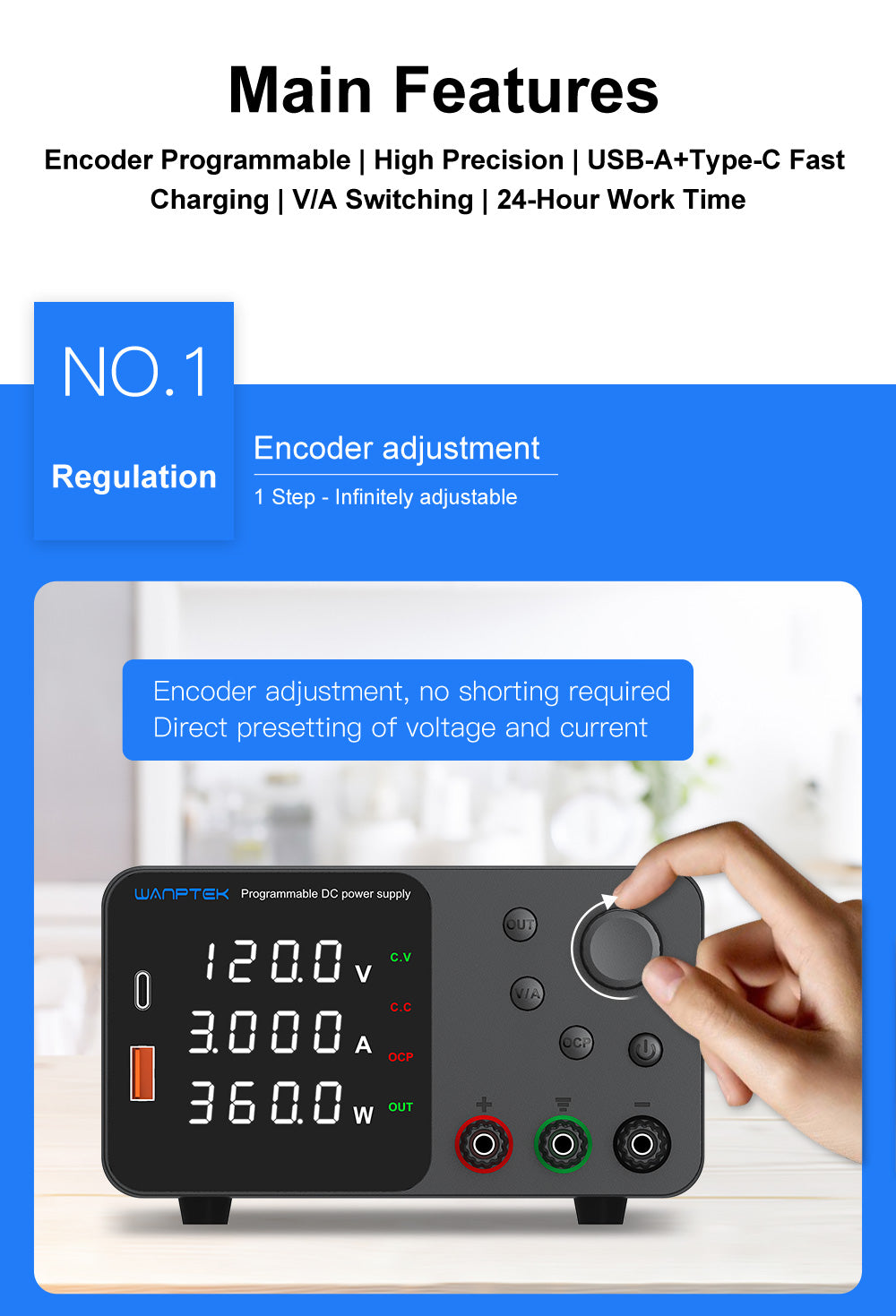 Nastaviteľný regulovaný zdroj jednosmerného napätia WANPTEK TPS1203, 60 V 5 A, nastavenie pomocou enkodéra, USB Type-C rýchlonabíjanie, 4-miestný displej, nízka hlučnosť, prepínanie A/V, chladiaci ventilátor, čierna farba - EU zástrčka