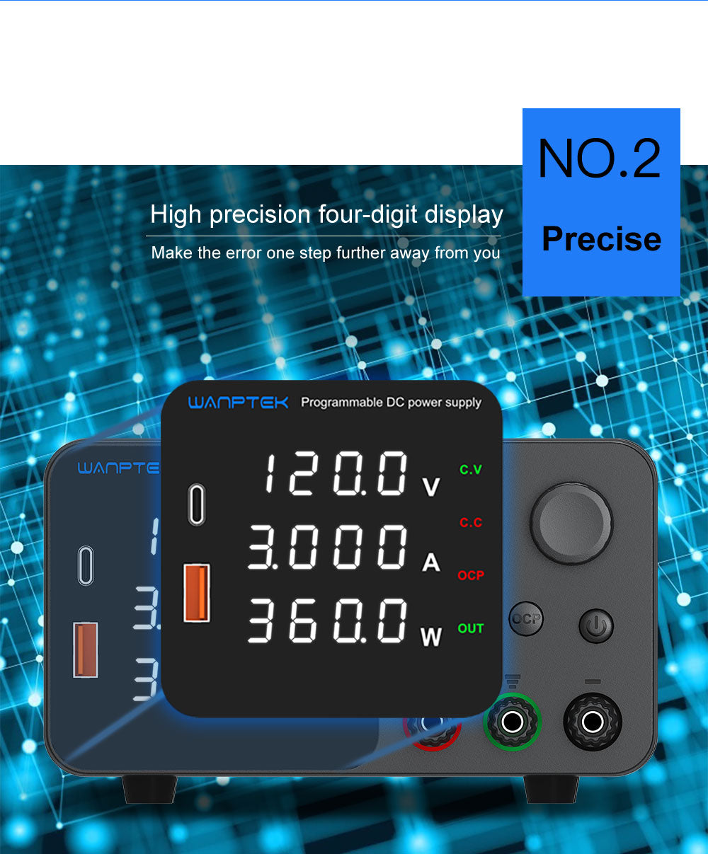 Nastaviteľný regulovaný zdroj jednosmerného napätia WANPTEK TPS1203, 60 V 5 A, nastavenie pomocou enkodéra, USB Type-C rýchlonabíjanie, 4-miestný displej, nízka hlučnosť, prepínanie A/V, chladiaci ventilátor, čierna farba - EU zástrčka