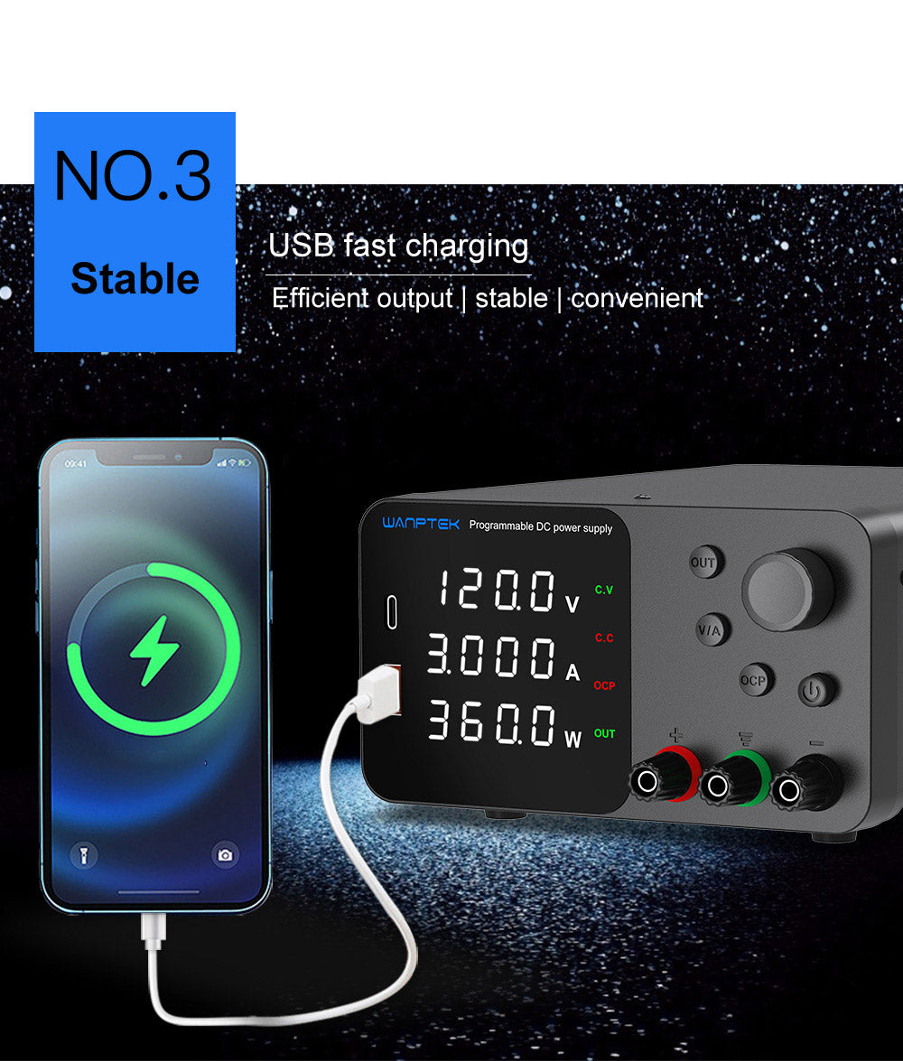 WANPTEK TPS1203 Nastaviteľný regulovaný zdroj jednosmerného napätia, 120V 3A, nastavenie pomocou enkodéra, USB Type-C rýchlonabíjanie, 4-miestný displej, nízka hlučnost, A/V prepínanie, chladiaci ventilátor, čierna farba - EU zástrčka