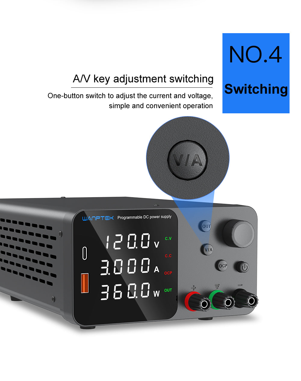 Nastaviteľný regulovaný zdroj jednosmerného napätia WANPTEK TPS1203, 60 V 5 A, nastavenie pomocou enkodéra, USB Type-C rýchlonabíjanie, 4-miestný displej, nízka hlučnosť, prepínanie A/V, chladiaci ventilátor, čierna farba - EU zástrčka