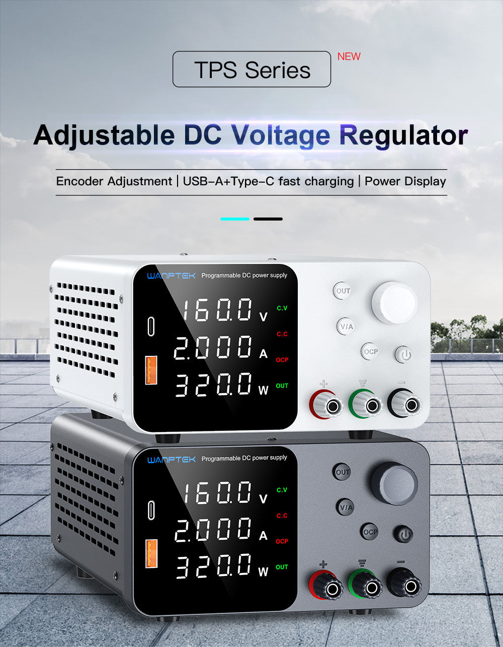 WANPTEK TPS1602 Nastaviteľný regulovaný zdroj jednosmerného napätia, 160V 2A, nastavenie pomocou kódovača, USB Type-C rýchlonabíjanie, 4-miestný displej, nízka hlučnost, A/V prepínanie, chladiaci ventilátor, biela - UK zástrčka