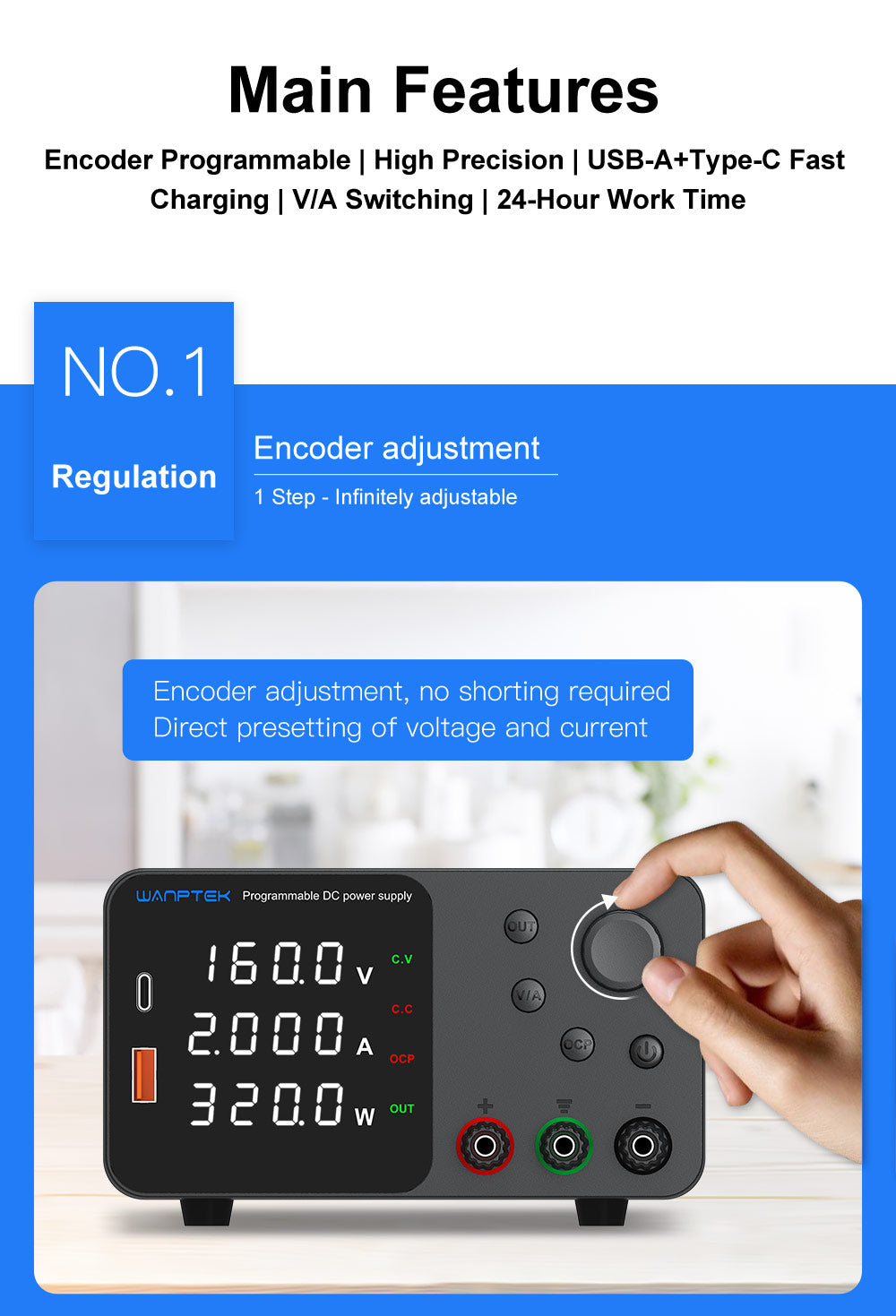 WANPTEK TPS1602 Nastaviteľný regulovaný zdroj jednosmerného napätia, 160V 2A, nastavenie pomocou kódovača, USB Type-C rýchlonabíjanie, 4-miestný displej, nízka hlučnost, A/V prepínanie, chladiaci ventilátor, biela - UK zástrčka