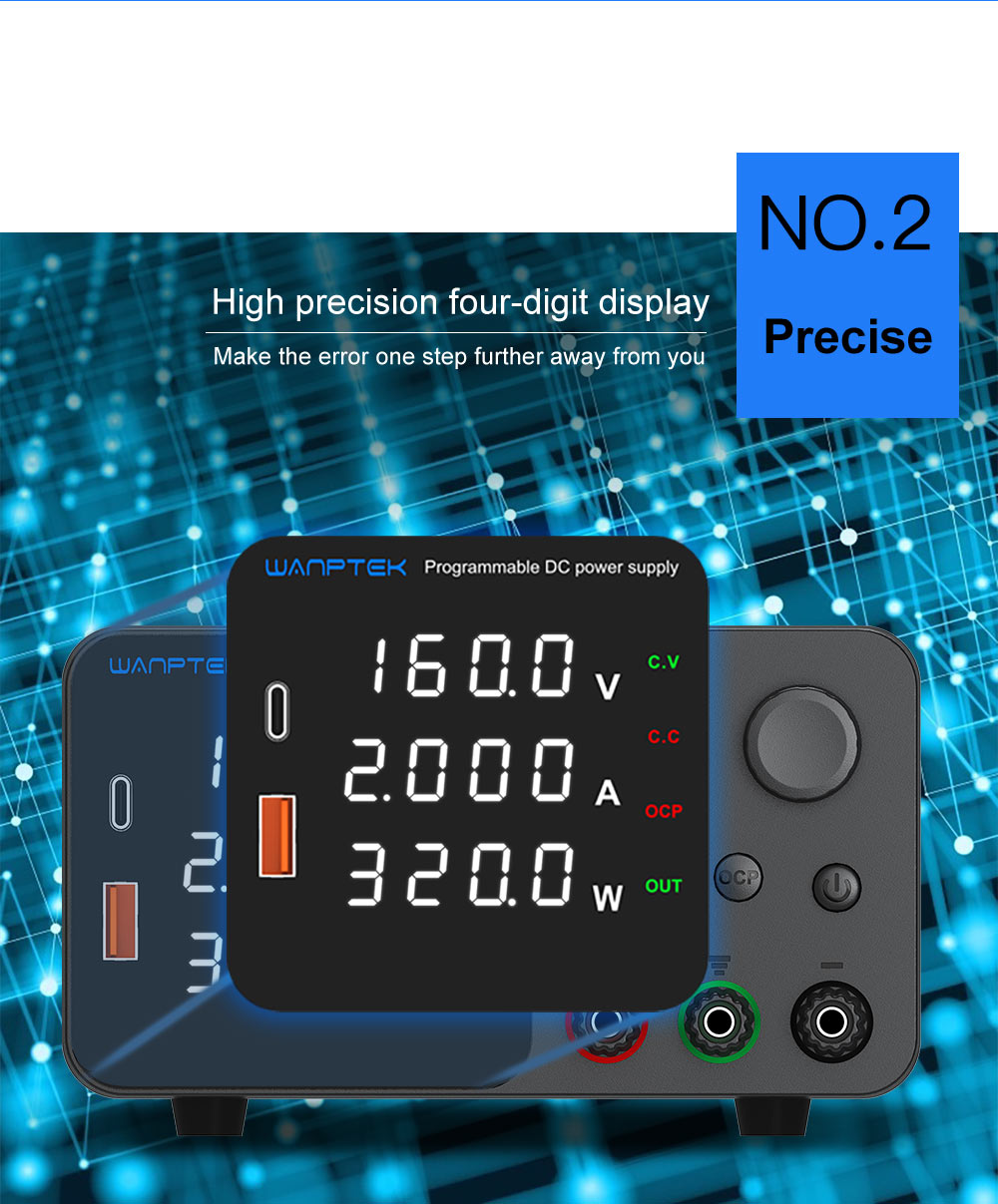 WANPTEK TPS1602 Nastaviteľný regulovaný zdroj jednosmerného napätia, 160V 2A, nastavenie pomocou kódovača, USB Type-C rýchlonabíjanie, 4-miestný displej, nízka hlučnost, A/V prepínanie, chladiaci ventilátor, biela - UK zástrčka