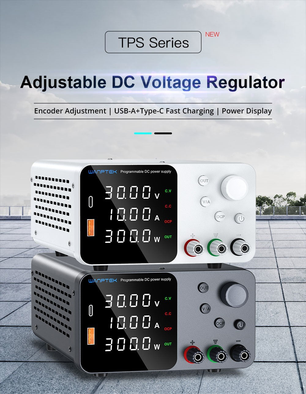 WANPTEK TPS3010 Nastaviteľný regulovaný zdroj jednosmerného napätia, 30V 10A, nastavenie pomocou enkodéra, USB Type-C rýchlonabíjanie, 4-miestný displej, nízka hlučnost, A/V prepínanie, chladiaci ventilátor, biela - UK zástrčka