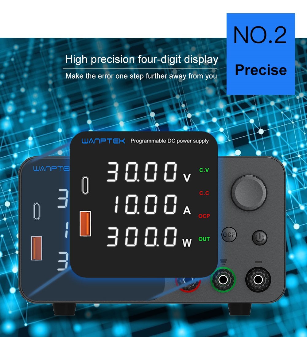WANPTEK TPS3010 Nastaviteľný regulovaný zdroj jednosmerného napätia, 30V 10A, nastavenie pomocou enkodéra, USB Type-C rýchlonabíjanie, 4-miestný displej, nízka hlučnost, A/V prepínanie, chladiaci ventilátor, biela - UK zástrčka