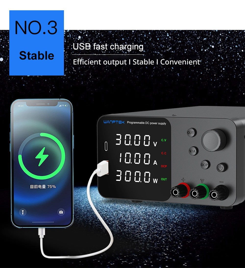 WANPTEK TPS3010 Nastaviteľný regulovaný zdroj jednosmerného napätia, 30V 10A, nastavenie pomocou enkodéra, USB Type-C rýchlonabíjanie, 4-miestný displej, nízka hlučnost, A/V prepínanie, chladiaci ventilátor, biela - UK zástrčka