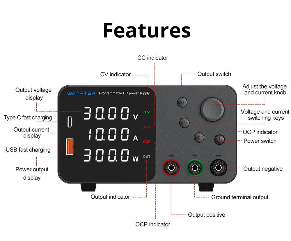 WANPTEK TPS3010 Nastaviteľný regulovaný zdroj jednosmerného napätia, 30V 10A, nastavenie pomocou enkodéra, USB Type-C rýchlonabíjanie, 4-miestný displej, nízka hlučnost, A/V prepínanie, chladiaci ventilátor, biela - UK zástrčka