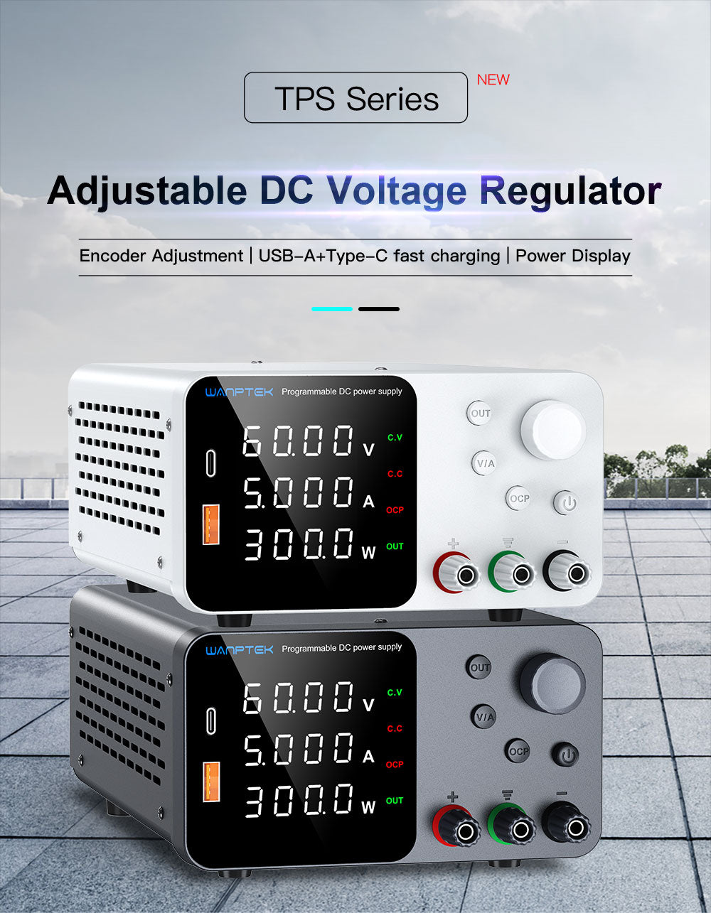 WANPTEK TPS605 Nastaviteľný regulovaný zdroj jednosmerného napätia, 60V 5A, nastavenie pomocou enkodéra, USB Type-C rýchle nabíjanie, 4-miestný displej, nízka hlučnost, A/V prepínanie, chladiaci ventilátor, biela - EU zástrčka
