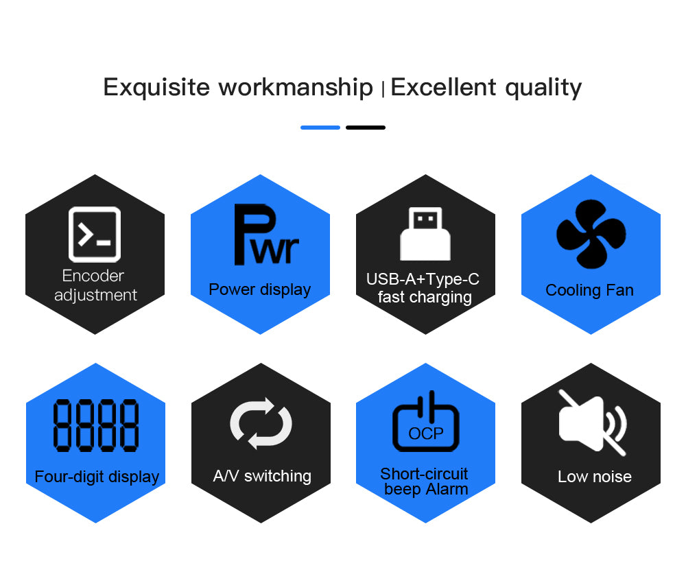 WANPTEK TPS605 Nastaviteľný regulovaný zdroj jednosmerného napätia, 60V 5A, nastavenie pomocou enkodéra, USB Type-C rýchle nabíjanie, 4-miestný displej, nízka hlučnosť, A/V prepínanie, chladiaci ventilátor, biela - EU zástrčka