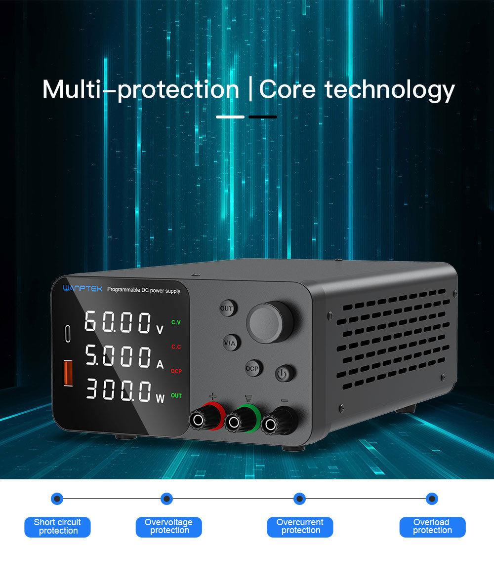 WANPTEK TPS605 Nastaviteľný regulovaný zdroj jednosmerného napätia, 60V 5A, nastavenie pomocou enkodéra, USB Type-C rýchle nabíjanie, 4-miestný displej, nízka hlučnost, A/V prepínanie, chladiaci ventilátor, biela - EU zástrčka