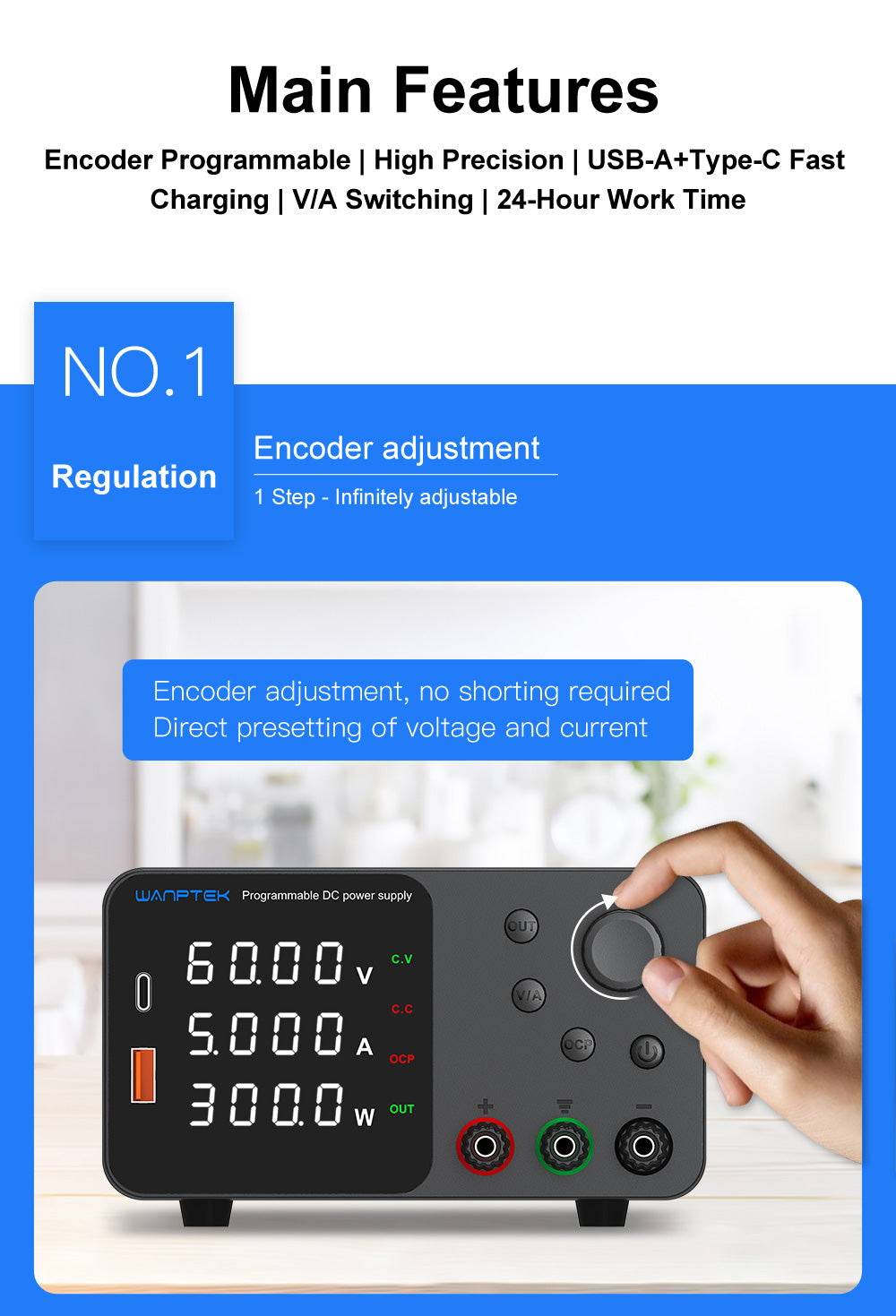 WANPTEK TPS605 Nastaviteľný regulovaný zdroj jednosmerného napätia, 60V 5A, nastavenie pomocou enkodéra, USB Type-C rýchle nabíjanie, 4-miestný displej, nízka hlučnosť, A/V prepínanie, chladiaci ventilátor, biela - EU zástrčka