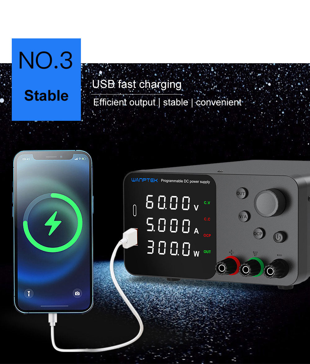 WANPTEK TPS605 Nastaviteľný regulovaný zdroj jednosmerného napätia, 60V 5A, nastavenie pomocou enkodéra, USB Type-C rýchle nabíjanie, 4-miestný displej, nízka hlučnosť, A/V prepínanie, chladiaci ventilátor, biela - EU zástrčka