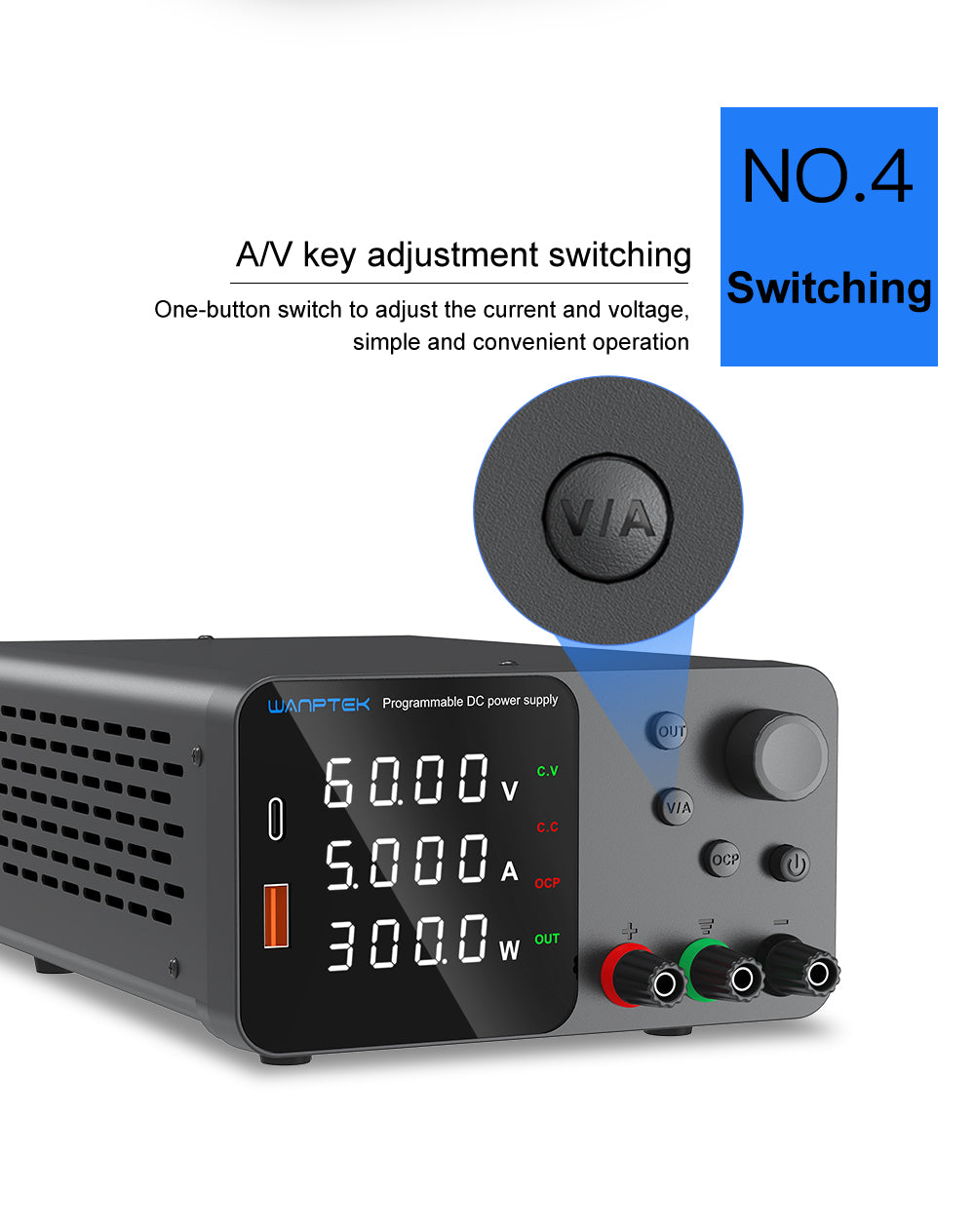 WANPTEK TPS605 Nastaviteľný regulovaný zdroj jednosmerného napätia, 60V 5A, nastavenie pomocou enkodéra, USB Type-C rýchle nabíjanie, 4-miestný displej, nízka hlučnost, A/V prepínanie, chladiaci ventilátor, biela - EU zástrčka
