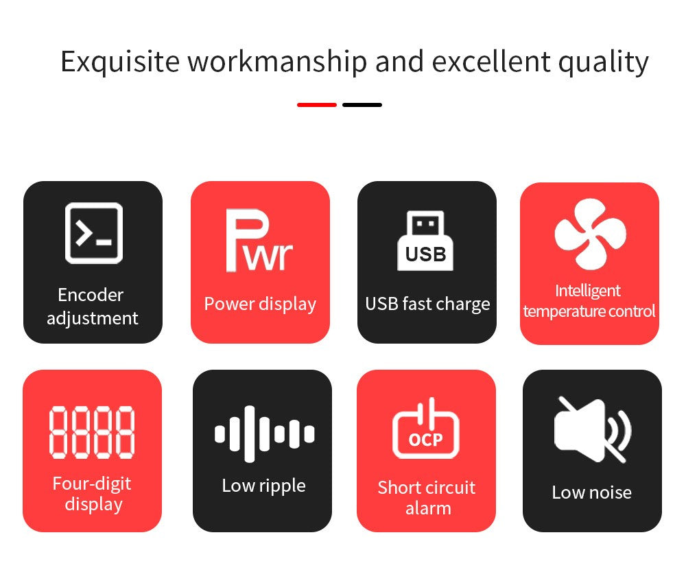Programovateľný regulovaný zdroj DC WANPTEK WPS1203, 120 V 3 A, nastavenie pomocou kódovača, USB rýchlonabíjanie, inteligentná regulácia teploty, 4-miestný displej, nízke zvlnenie, nízky hluk, čierna farba - EU zástrčka