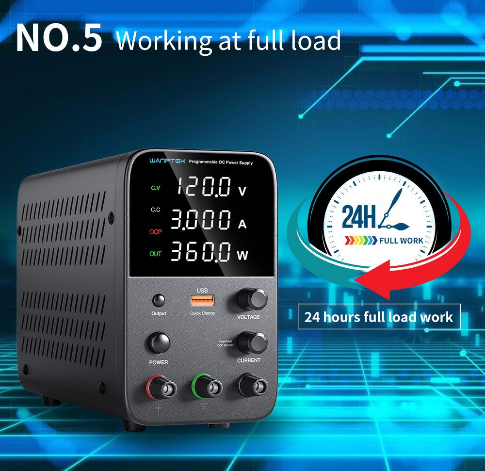 Programovateľný regulovaný zdroj DC WANPTEK WPS1203, 120 V 3 A, nastavenie pomocou kódovača, USB rýchlonabíjanie, inteligentná regulácia teploty, 4-miestný displej, nízke zvlnenie, nízky hluk, čierna farba - EU zástrčka