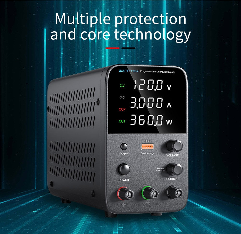 Programovateľný regulovaný zdroj DC WANPTEK WPS1203, 120 V 3 A, nastavenie pomocou kódovača, USB rýchlonabíjanie, inteligentná regulácia teploty, 4-miestný displej, nízke zvlnenie, nízky hluk, čierna farba - EU zástrčka